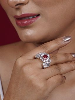 Niscka - American Diamond Silver Plated Red Ruby Adjustable Ring