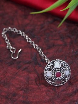 I Jewels - Navratri Ethnic Silver Oxidised Mirror Work Borla Maang Tikka (T2187OXQ)