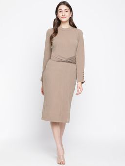 Latin Quarters - Women Beige Textured Full Sleeve Dress
