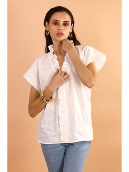 Jiraazi - Classic White Ruffle V-Neck Top