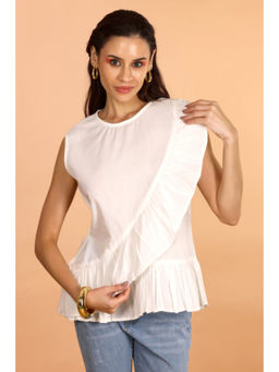 Jiraazi - White Ruffle Detail Sleeveless Cotton Top