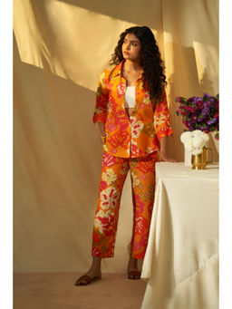 THREE-THREE - Women Orange Floral Printed Shirt with Pant
