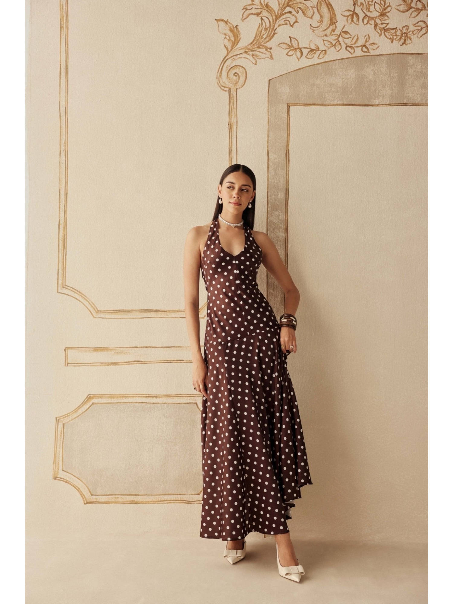 Women Brown Polyester Maxi Dress