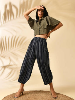 MARKKAH STUDIO - Women Olive Chambray Stripes Crop Top