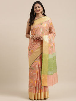 Banarasi Silk Works - Peach Mulberry Silk Motif Tilfi Zari Border Saree with Unstitched Blouse