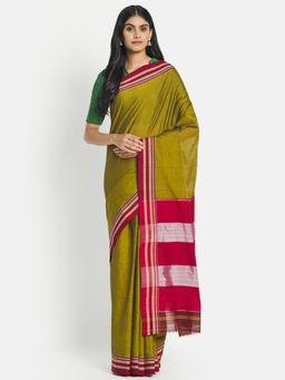 Fabindia - Green Cotton Woven Saree without Blouse