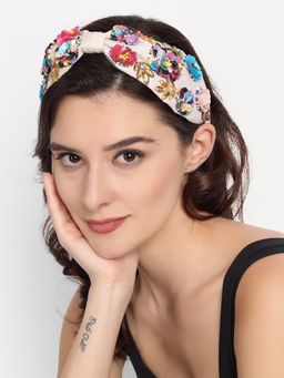 Blueberry - Multi Sequins And Beads Hand Embellished Satin Knot Beige Hair Band