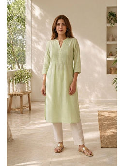 Aurelia - Women Green Solid Linen Blend Kurta
