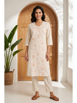 Aurelia - Women Cream Embroidered Cotton Flex Kurta