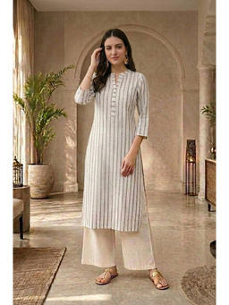 Aurelia - Women Off White Stripes Cotton Blend Kurta