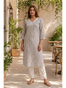 Aurelia - Women Grey Floral Pure Cotton Kurta