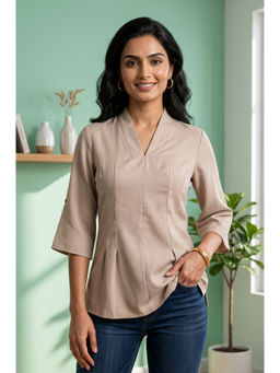 Aurelia - Women Beige Solid Satin Kurti