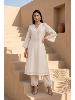 Folksong - Women Off White Embroidered Cotton Silk Kurta
