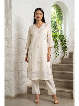 Folksong - Women Off White Embroidered Cotton Silk Kurta