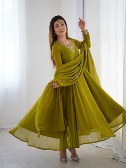 SAJAVAT ETHENIC WEAR - Women Green Embroidered Georgette Anarkali and Pant with Dupatta
