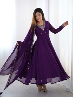 SAJAVAT ETHENIC WEAR - Women Purple Embroidered Georgette Anarkali and Pant with Dupatta