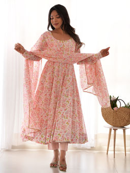 SAJAVAT ETHENIC WEAR - Women Pink Printed Chiffon Anarkali and Pant with Dupatta