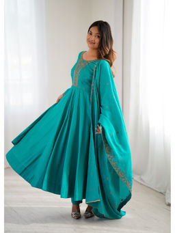 SAJAVAT ETHENIC WEAR - Women Teal Embroidered Chanderi Anarkali and Pant with Dupatta