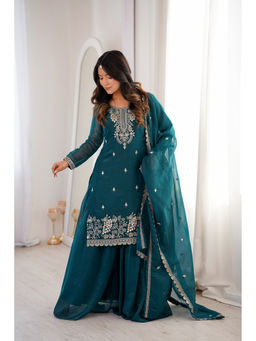 SAJAVAT ETHENIC WEAR - Women Teal Embroidered Silk Kurta and Sharara with Dupatta