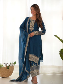 SAJAVAT ETHENIC WEAR - Women Teal Embroidered Silk Kurta and Pant with Dupatta