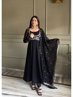 SAJAVAT ETHENIC WEAR - Women Black Embroidered Georgette Kurta, Koti and Pant with Dupatta