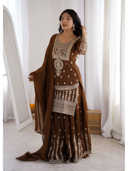 SAJAVAT ETHENIC WEAR - Women Brown Embroidered Silk Kurta and Sharara with Dupatta