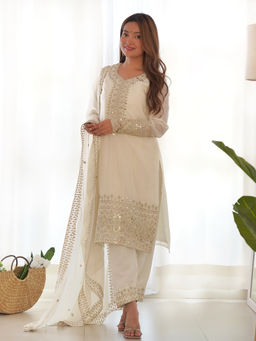 SAJAVAT ETHENIC WEAR - Women White Embroidered Silk Kurta and Pant with Dupatta