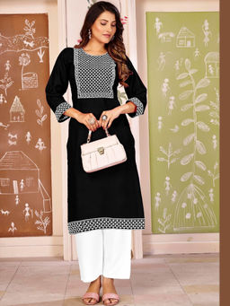 Odette - Women Black Embroidered Cotton Blend Kurti