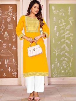 Odette - Women Yellow Embroidered Cotton Blend Kurti