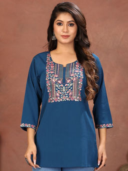 Odette - Women Teal Embroidered Cotton Blend Kurti