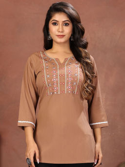 Odette - Women Brown Embroidered Cotton Blend Kurti