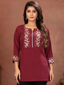 Odette - Women Maroon Embroidered Cotton Blend Kurti