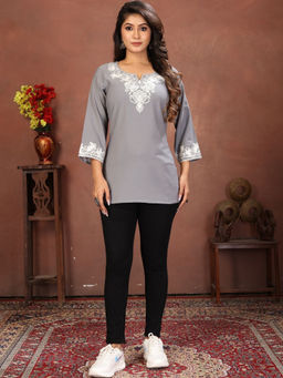 Odette - Women Grey Embroidered Cotton Blend Kurti
