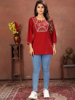 Odette - Women Red Embroidered Cotton Blend Kurti