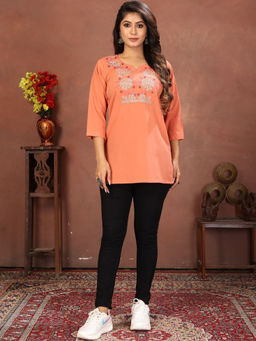 Odette - Women Peach Embroidered Cotton Blend Kurti