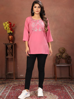 Odette - Women Pink Embroidered Cotton Blend Kurti