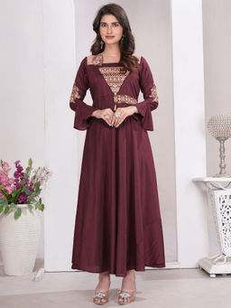 Odette - Women Wine Embroidered Cotton Blend Kurti