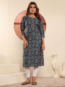 Odette - Women Navy Blue Printed Viscose Kurti