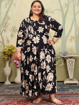 Odette - Women Navy Blue Printed Cotton Blend Anarkali Kurta