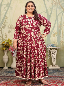 Odette - Women Wine Printed Cotton Blend Anarkali Kurta