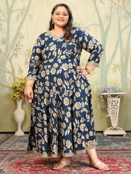 Odette - Women Blue Printed Cotton Blend Anarkali Kurta