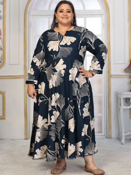 Odette - Women Navy Blue Printed Cotton Blend Anarkali Kurta