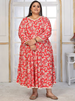 Odette - Women Red Printed Cotton Blend Anarkali Kurta