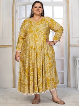 Odette - Women Mustard Printed Cotton Blend Anarkali Kurta