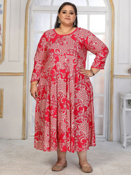 Odette - Women Red Printed Cotton Blend Anarkali Kurta