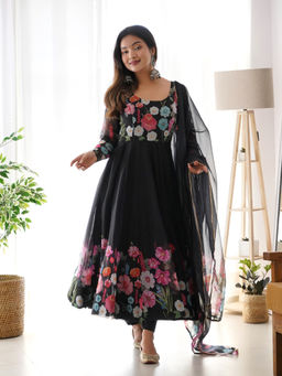 SAJAVAT ETHENIC WEAR - Women Black Printed Organza Silk Anarkali Kurta and Pant with Dupatta