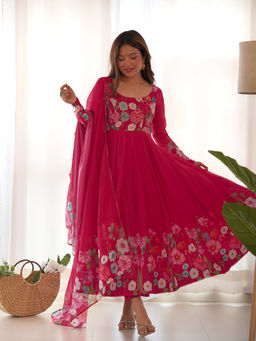 SAJAVAT ETHENIC WEAR - Women Pink Printed Organza Silk Anarkali Kurta and Pant with Dupatta