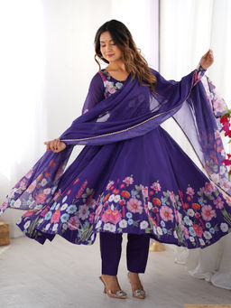 SAJAVAT ETHENIC WEAR - Women Purple Printed Organza Silk Anarkali Kurta and Pant with Dupatta