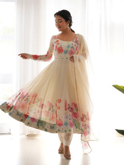 SAJAVAT ETHENIC WEAR - Women White Printed Organza Silk Anarkali Kurta and Pant with Dupatta
