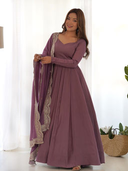 SAJAVAT ETHENIC WEAR - Women Lavender Embroidered Chanderi Anarkali Kurta and Pant with Dupatta